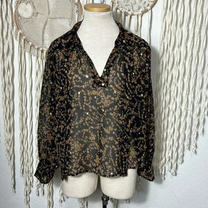 Sabina Musayev Black Brown and Gold Metallic Necktie Blouse Size Small